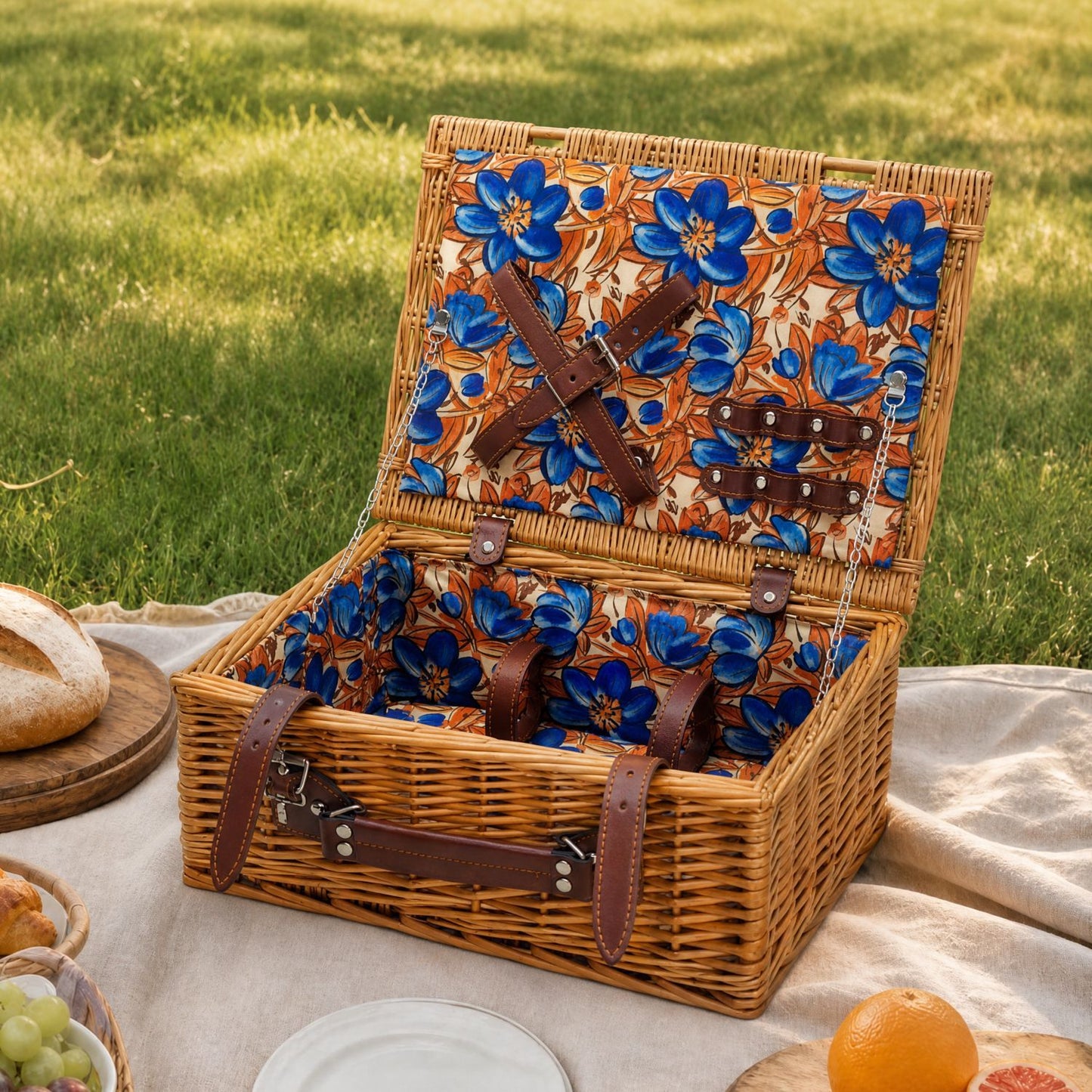 Damen Luxus Picknickkorb mit versetztem Geschirrfach und floralem Innenfutter Karnz