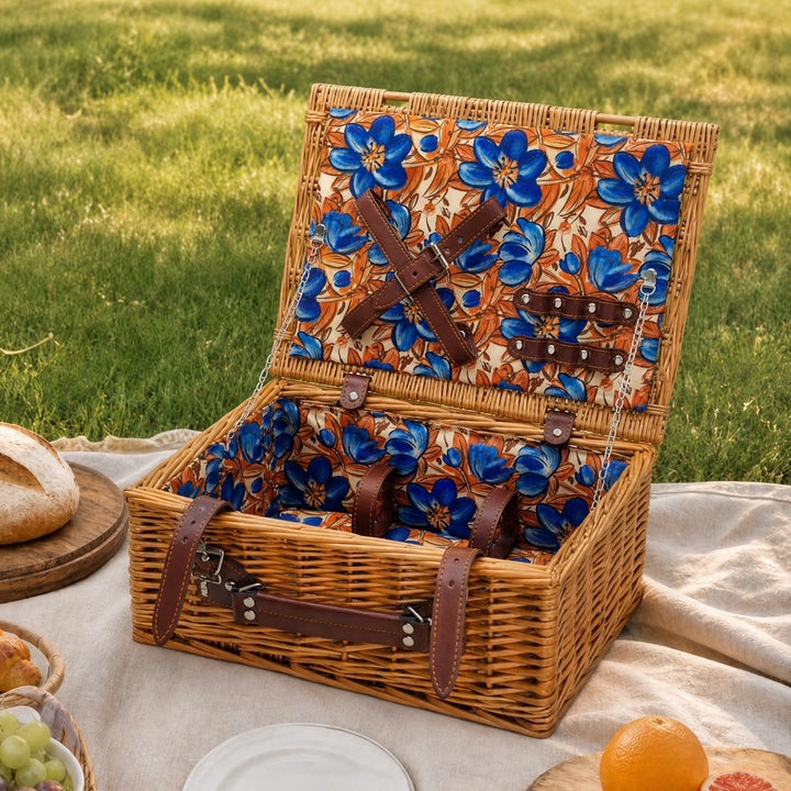 Damen Luxus Picknickkorb mit versetztem Geschirrfach und floralem Innenfutter Karnz