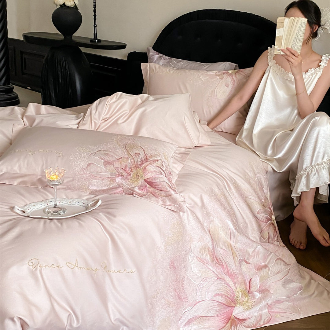 Ultra-Soft Seidengemütliches Floral Jacquard Bettbezug-Set mit gesticktem Blütenmotiv
