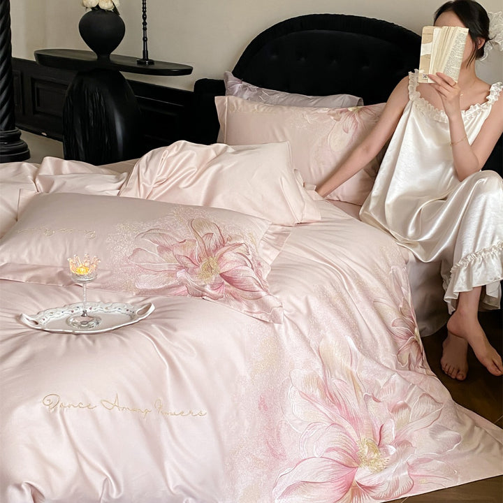 Ultra-Soft Seidengemütliches Floral Jacquard Bettbezug-Set mit gesticktem Blütenmotiv