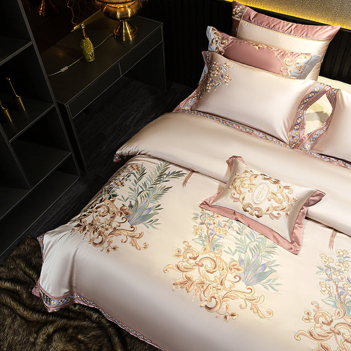 Luxuriöses besticktes Satin-Jacquard-Bettbezug-Set mit dekorativen Kissenbezügen