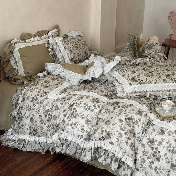 Romantisches Vintage-Bettwäsche-Set mit Rüschen und Spitzen