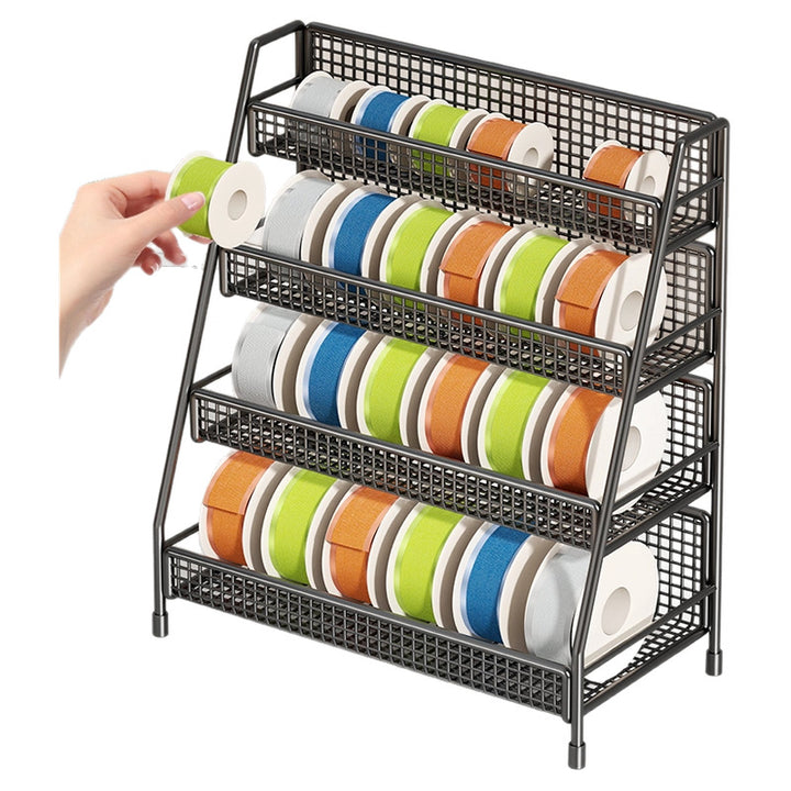 Vierstufiger geneigter Drahtgitter-Roll-Organizer-Ständer für Klebeband, Bänder und Bastelspulen