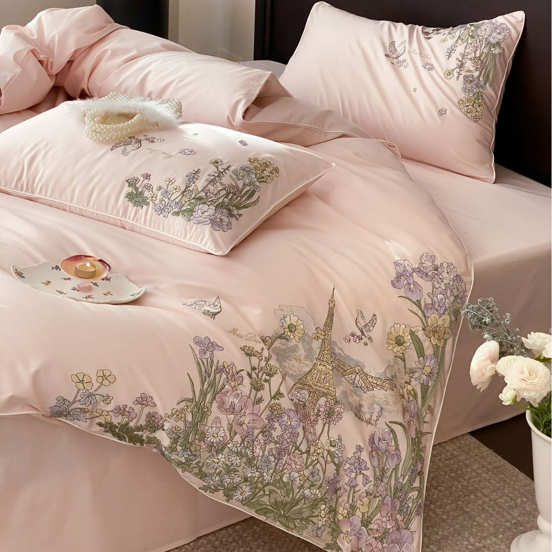Luxuriöser Satin bestickter Bettbezug Set mit floralem Pariser Motiv