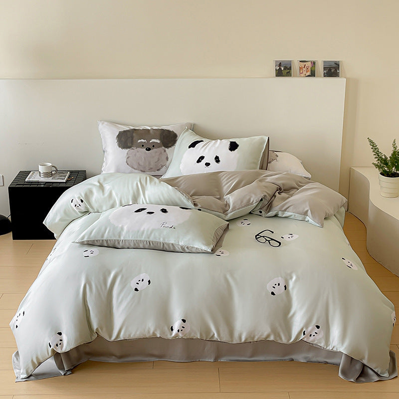 Wendbare Baumwollsatin-Bettgarnitur mit minimalistischen Panda-Gesichtern