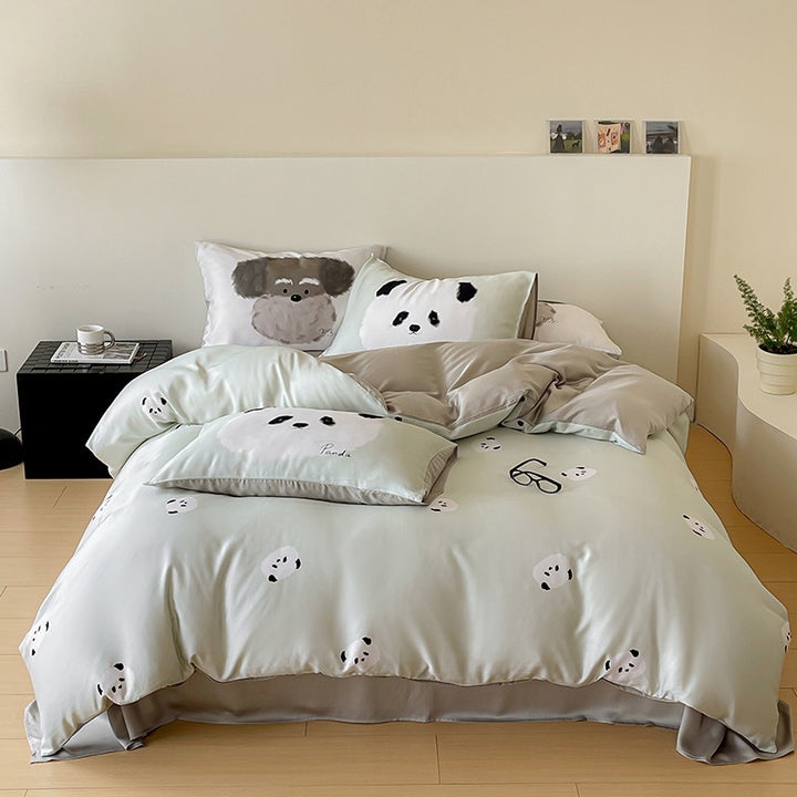 Wendbare Baumwollsatin-Bettgarnitur mit minimalistischen Panda-Gesichtern