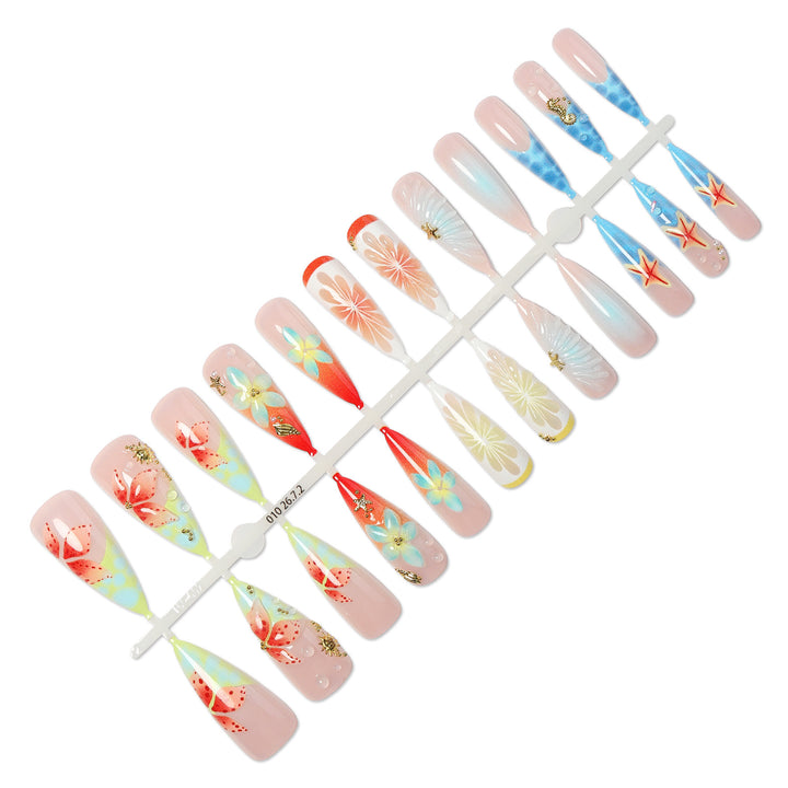 Künstlerisches floral und ozeanisches Press-On Nagelkunstset Karnz