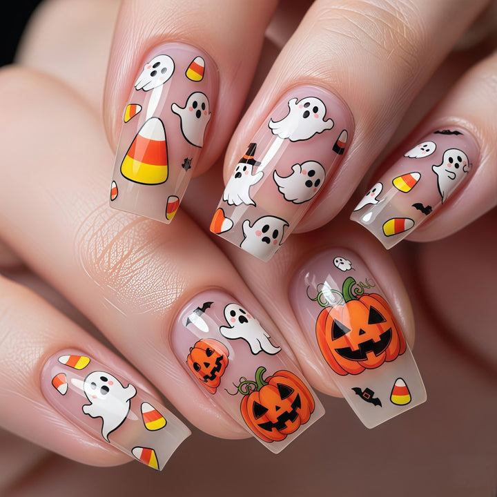 Kreative Halloween Kunstnägel Im Geister- und Kürbis-Design Karnz