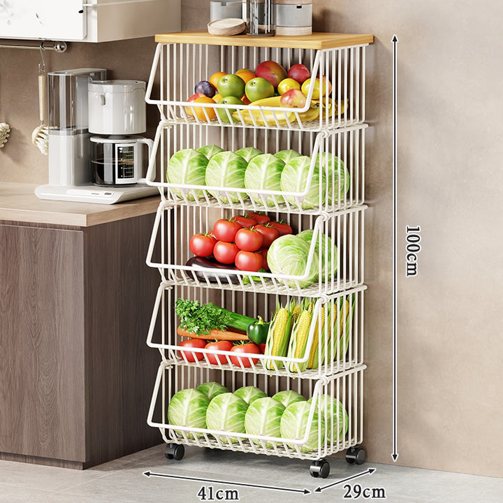 Multi-Tier Rolling Wire Obstlager-Turm mit Holzoberfläche