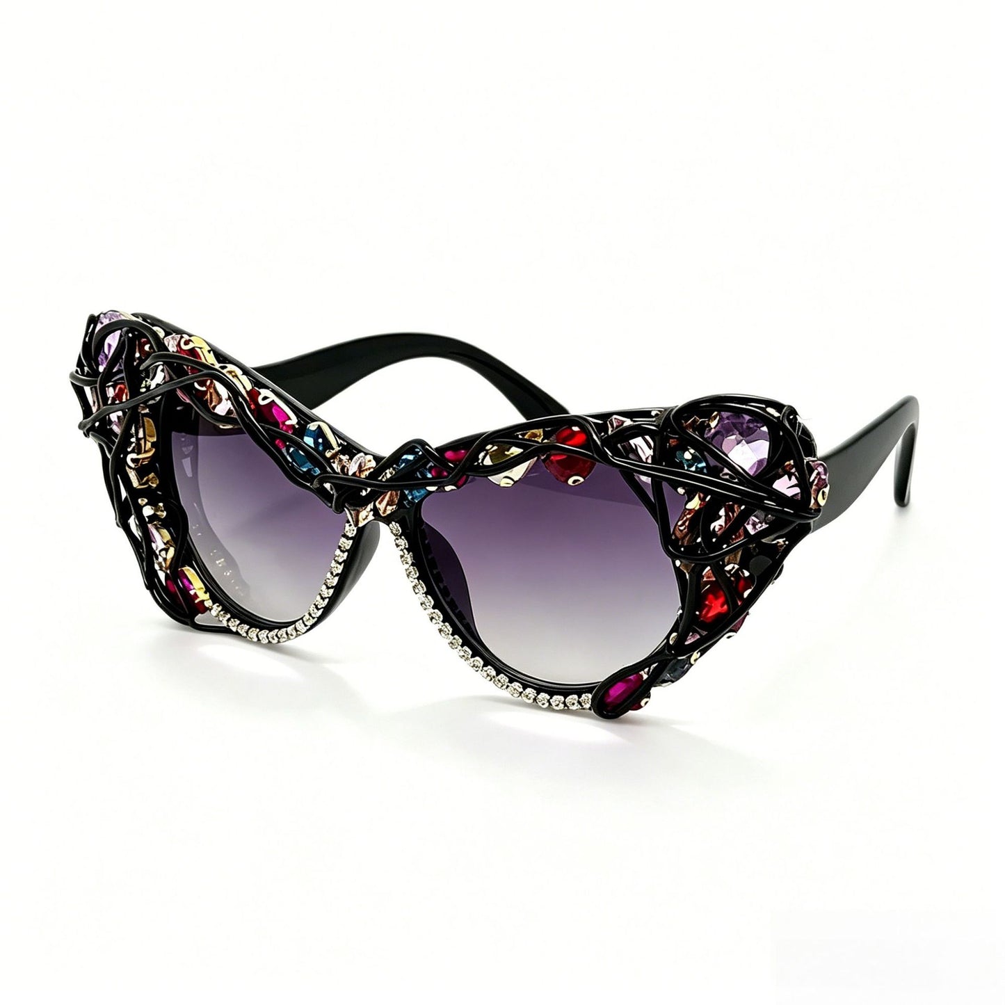 Damen Cat-Eye-Sonnenbrille mit funkelndem Kristallrahmen und kunstvollen Verzierungen Karnz