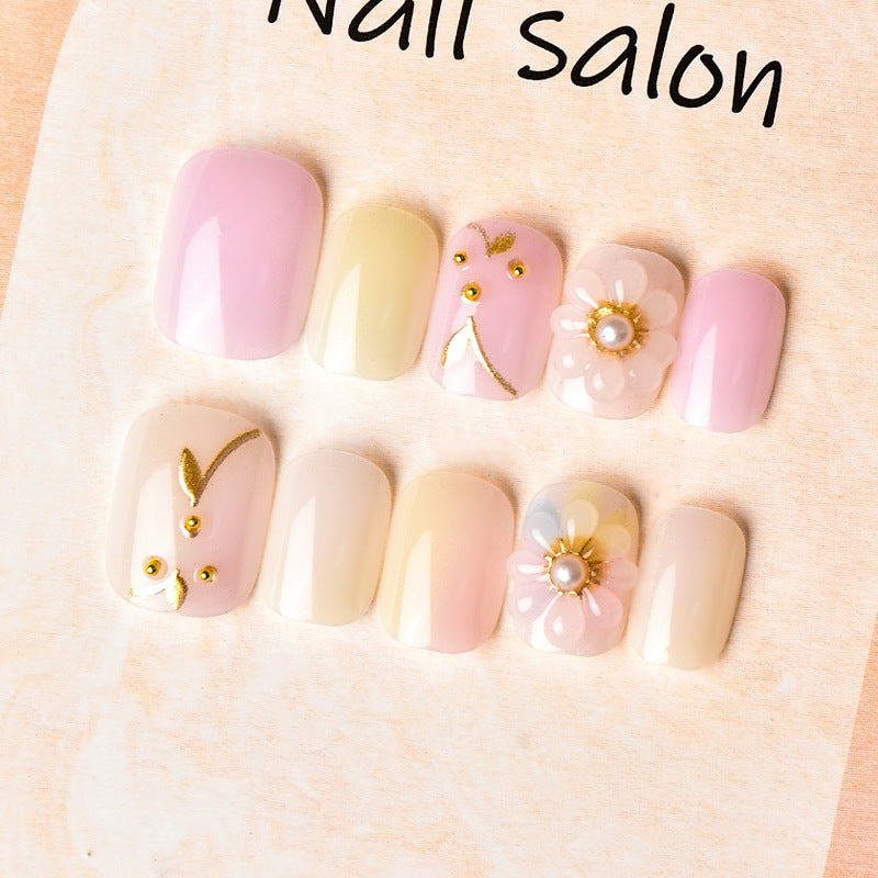 Blumenmuster Press-On Nagelkunstset mit Perlenverzierungen Karnz