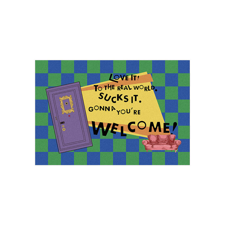 Retro Illustrated Welcome Doormat with Printed Door and Couch Design