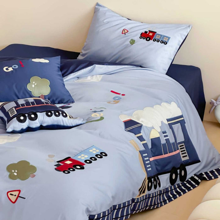 Kinder Zug Applikation Baumwolle Bettbezug und Kissenbezug Bettwäsche Set