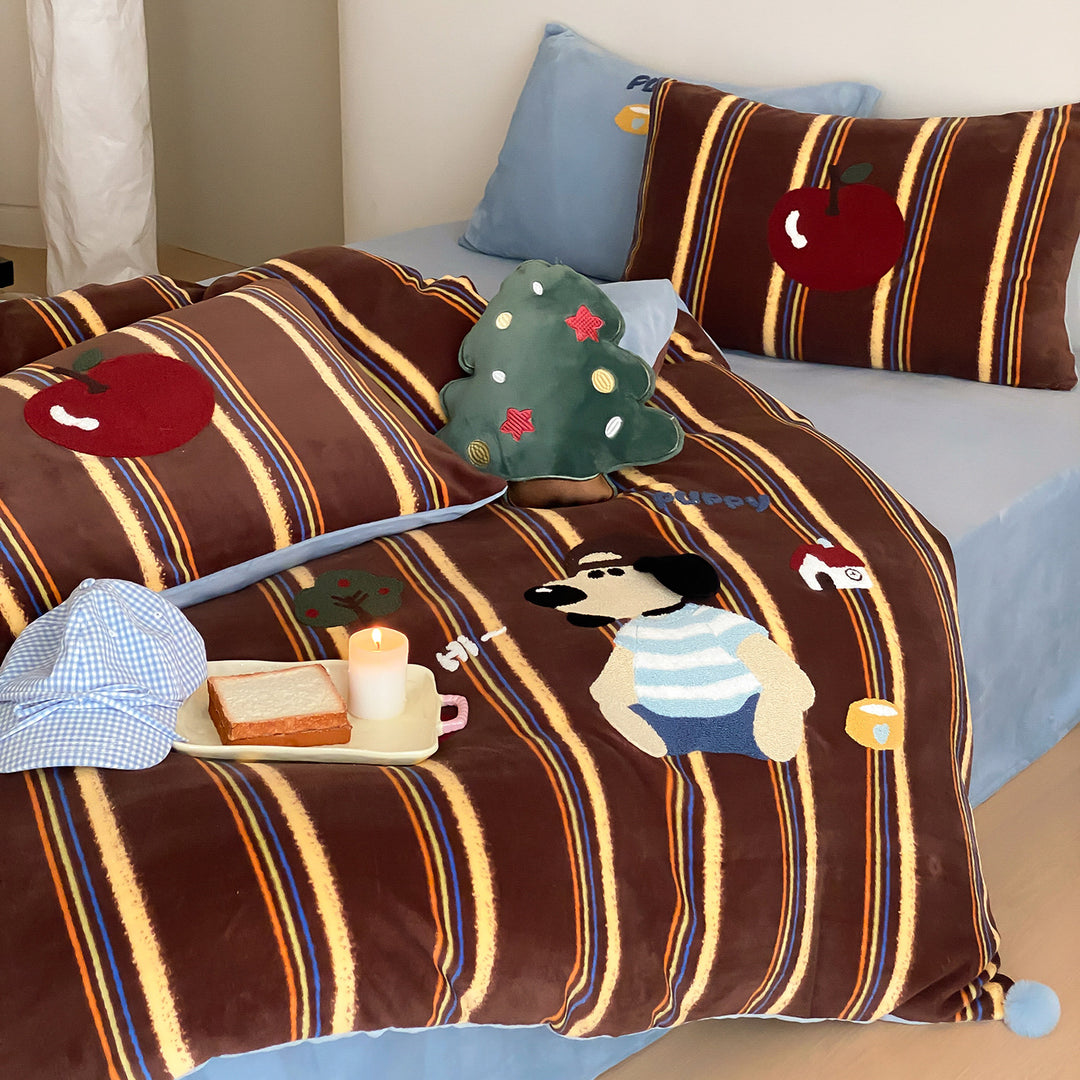 Plüsch Bestickter Samt-Feel Bettwäsche Set mit Cartoon Hund Applikation