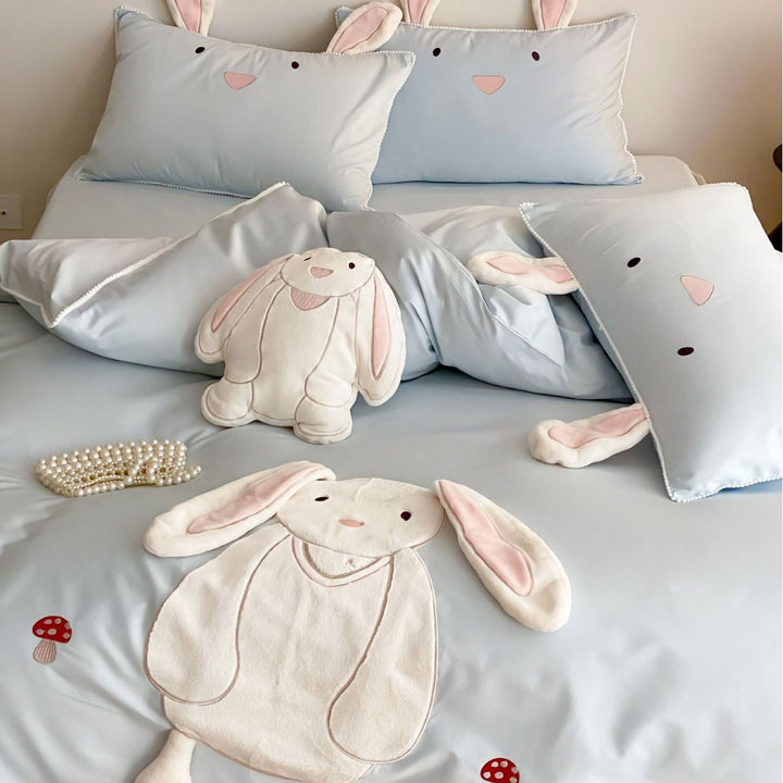 Kinder-Bettwäsche-Set mit 3D-Hasenapplikation und Kuschelkissen