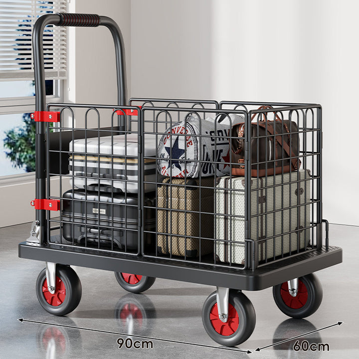 Robuster Plattform-Gepäckwagen mit erhöhtem Sicherheitsgeländer und ergonomischem gepolstertem Griff