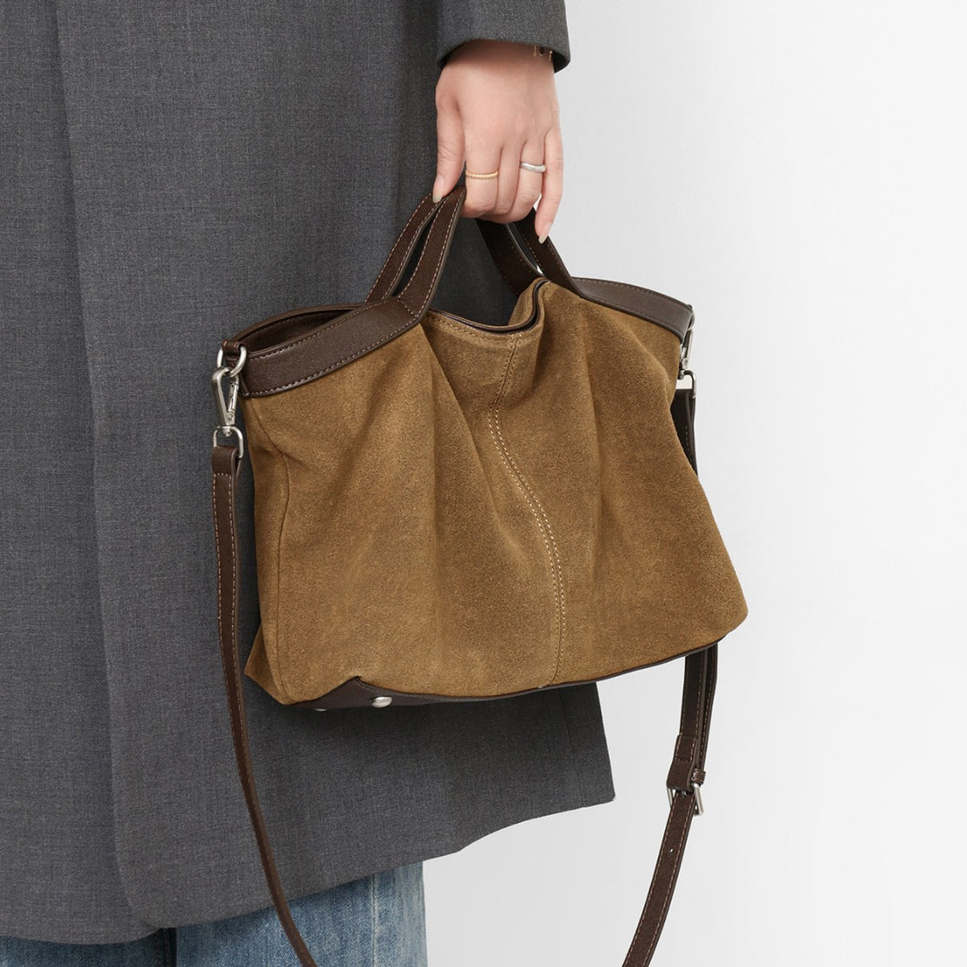 Wildleder Slouch Shopper Tote mit Kontrastlederbesatz und abnehmbarem Crossbody-Tragegurt