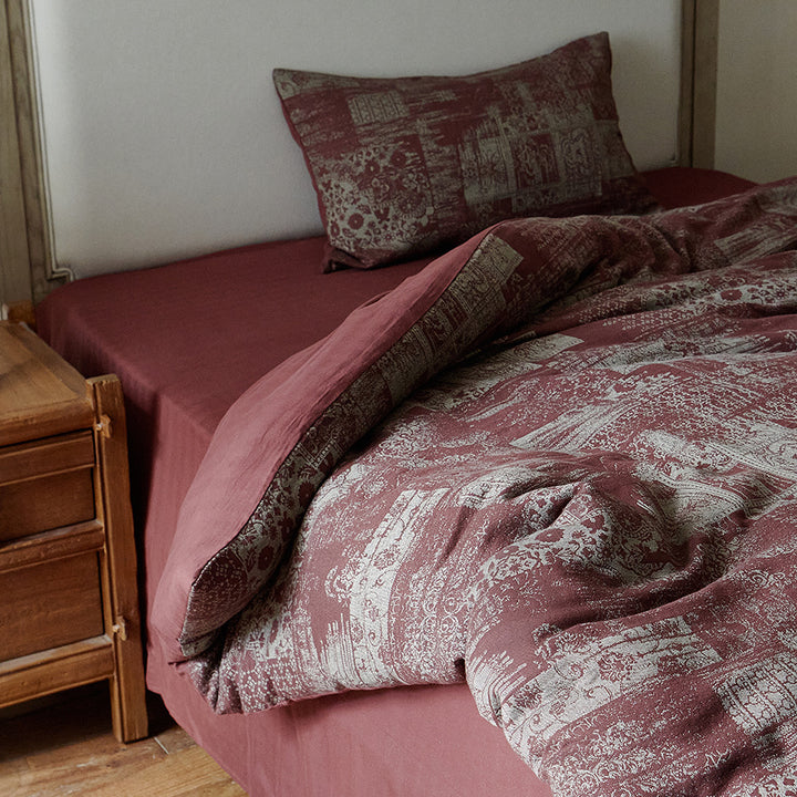 Washed Textured Linen-Blend Duvet Cover Set with Jacquard Motif and Envelope Closure