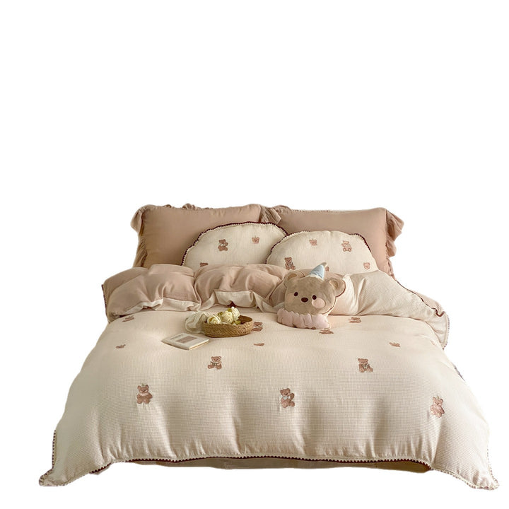 Teddy Bear Bestickte Waffel-Textur Bettbezug Set mit Wellensaum