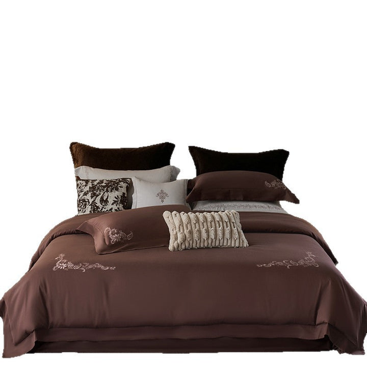 Hotel-Stil Bestickte Baumwollsatin Bettwäsche Set mit Ecken Floral-Motiv und Strick-Lumbar-Kissen