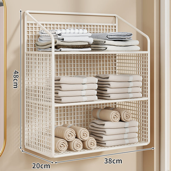 Wandmontierter Gitter-Mesh-Badezimmer-Organizer mit mehreren Regalen und integrierten Haken