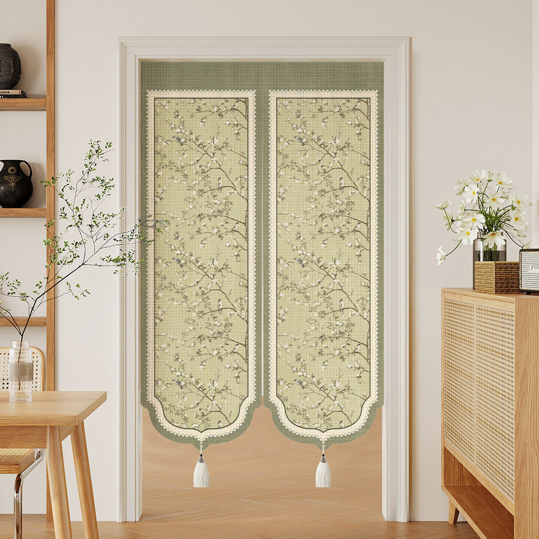 Split-Panel Decorative Door Noren Curtain with Tropical Botanical Print and Tassel Trim