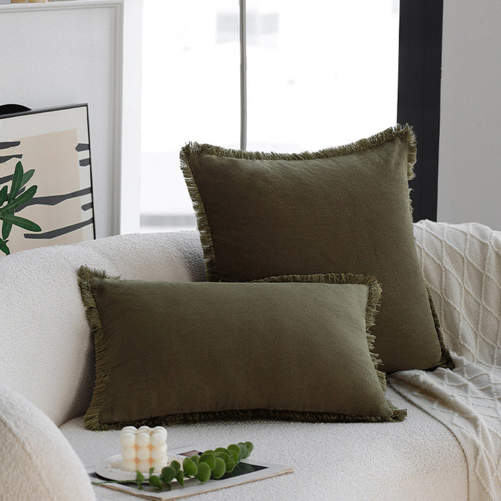 Quadratischer Dekokissenbezug im Skandi‑Minimalstil mit feiner Fransenkante Karnz