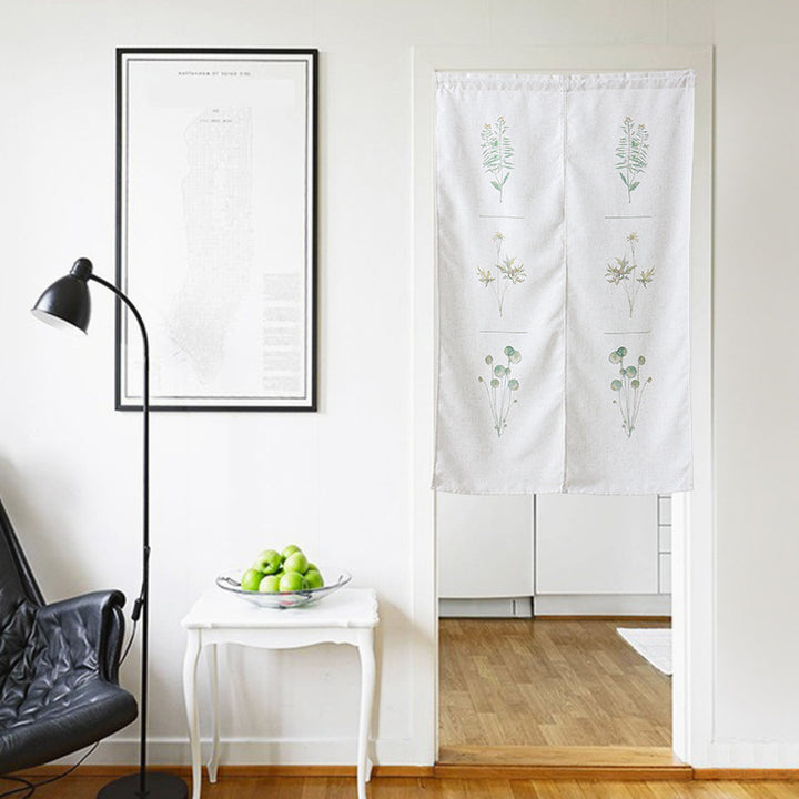 Geteilter Noren‑Vorhang aus Baumwoll‑Leinen mit botanischem Aquarellprint