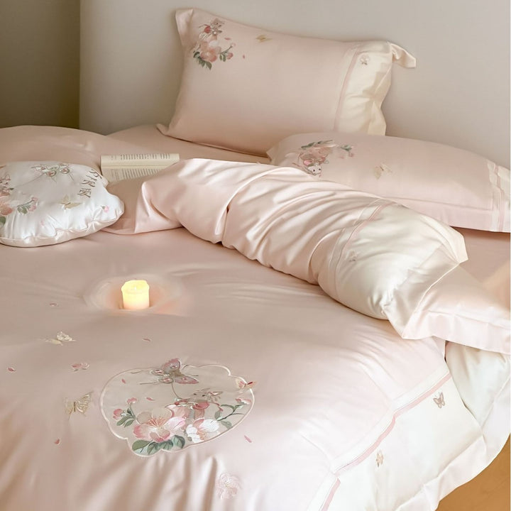 Bestickte Blumen Satin Bettbezug Set