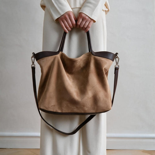 Wildleder Slouch Shopper Tote mit Kontrastlederbesatz und abnehmbarem Crossbody-Tragegurt