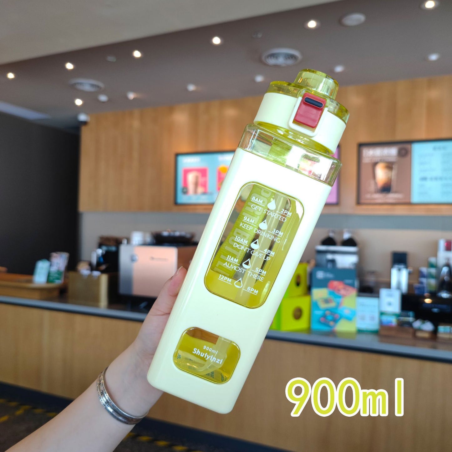 Damen Trinkflasche mit integrierter Zeitmarkierung und Strohhalm Karnz