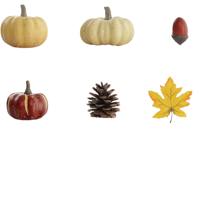 Herbstliches Deko-Set aus realistischen Kunstkürbissen, Zapfen, Eicheln und Ahornblättern