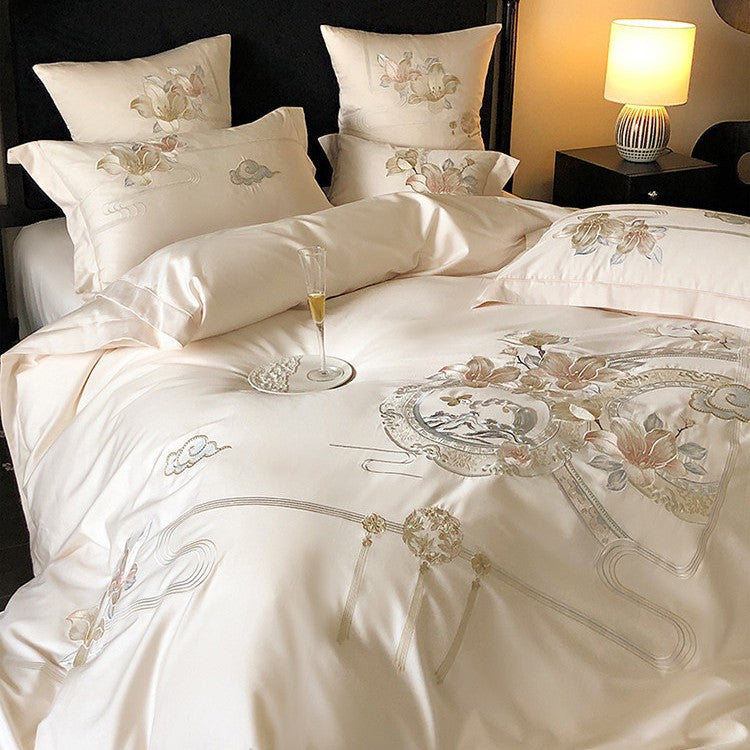 Bestickte florale & Liedvogel Luxus Baumwolle Bettbezug Set mit dekorativem runden Kissen