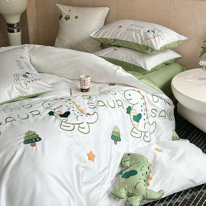 Kinder Cartoon Dinosaur Baumwoll-Satin Bettdeckenbezug Set mit umkehrbarem grünem Rücken & Oxford Kissenbezügen