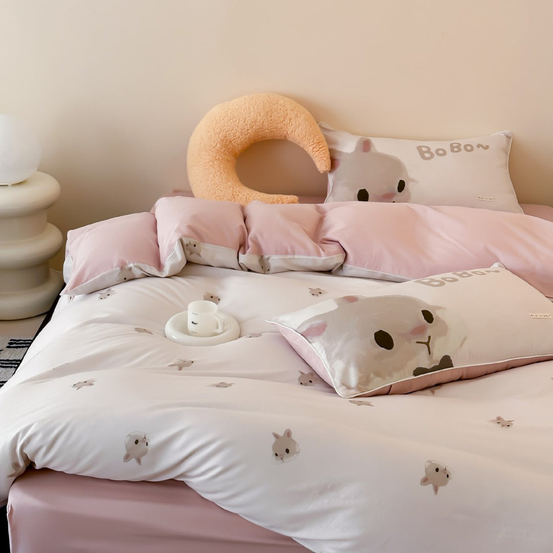 Kinder-Bettwäsche-Set mit zarten Häschen-Aquarellmotiven und extra-weichem Jersey-Touch