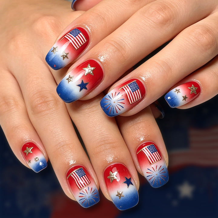 Thematische Nagelkunst mit funkeltenden Sternen und Streifen Karnz