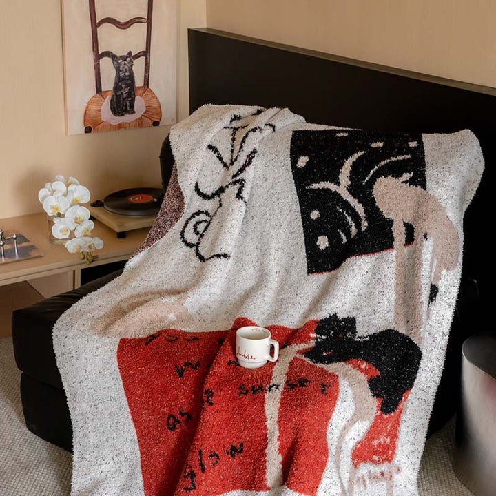 Extraweiche Chenille-Wohndecke mit Katzenillustration und Sternenrelief Karnz