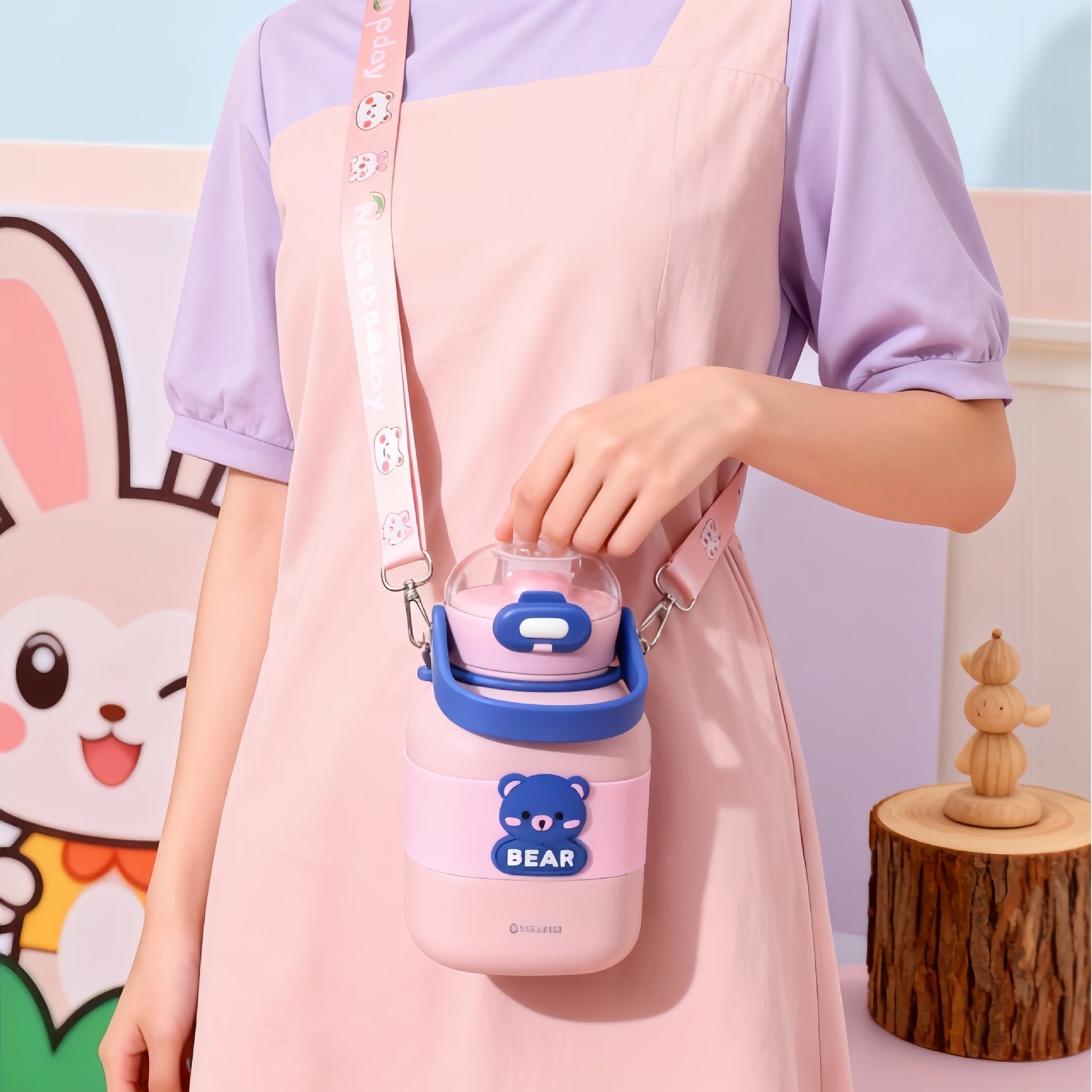 Damen Isolierte Trinkflasche mit integriertem Tragegurt und Tiermotiv Karnz