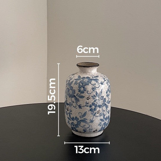 Vintage-inspirierte blaue florale zylindrische Keramikw vase mit Rissglasur und schmalem Hals für Tischdekoration