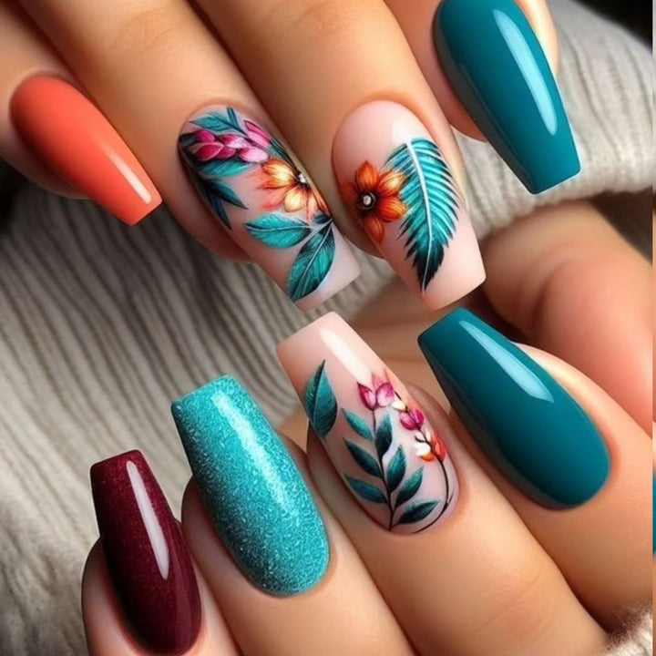 Künstlerische florale und Glitzer Press-On Nägel Karnz
