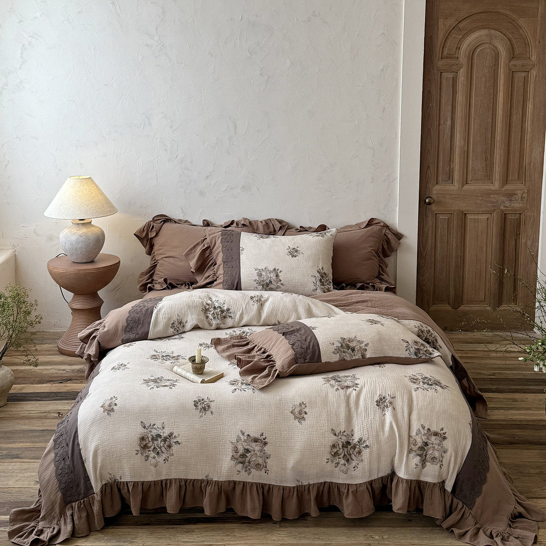 Vintage Floral Rüsch Baumwolle Quilt-Style Bettbezug Set