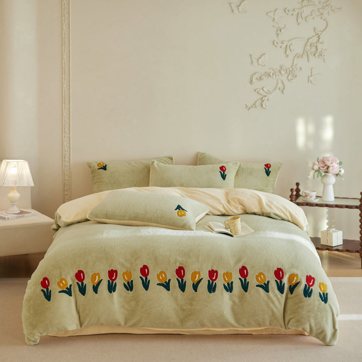 Plüsch Bestickte Tulpen Wende Bettdecke und Kissenbezug Bettwäsche Set