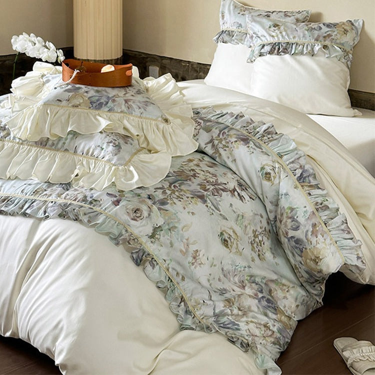 Luxuriöses Bettwäscheset mit floralem Muster, Volants und Satin-Finish