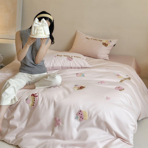Bestickte Cupcake Applikations Baumwolle Bettbezug Set