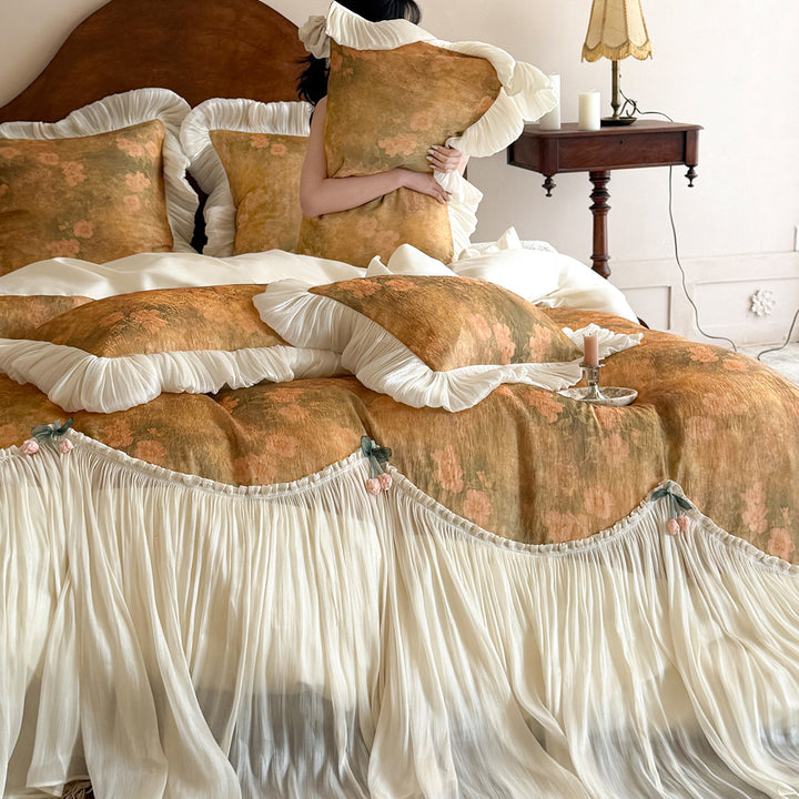 Vintage Floral Ruffled Bettwäsche und Kissenbezug Set