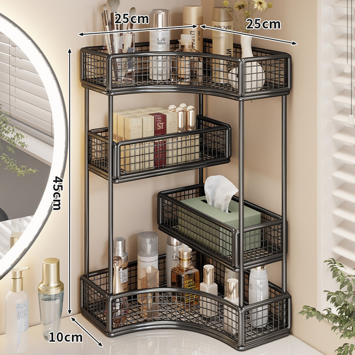 Gekrümmte Ecke Dreitier Metall Mesh Schminktisch und countertop Organizer