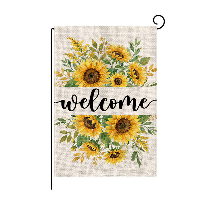 Dekorative Jute-Textur Willkommen Gartenflagge mit Blumenkorb-Illustration