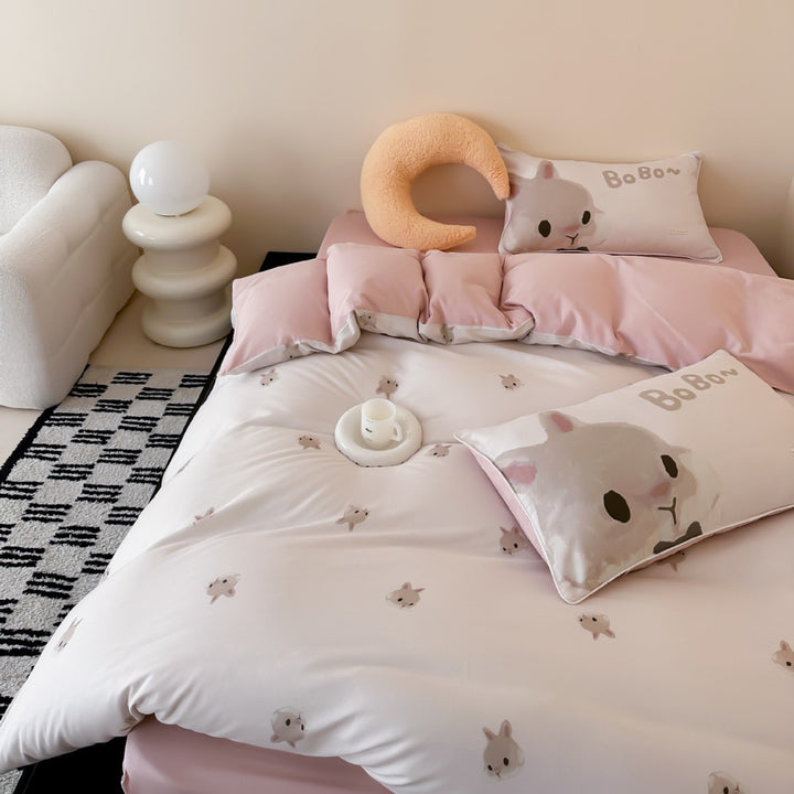 Kinder-Bettwäsche-Set mit zarten Häschen-Aquarellmotiven und extra-weichem Jersey-Touch
