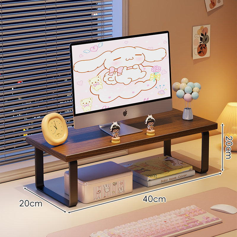 Kompakte Holz-Desktop-Monitorerhöhung mit Metallbeinen und unterer Ablagefläche