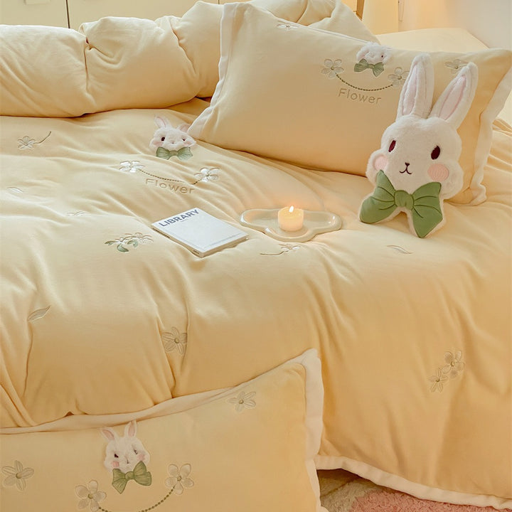 Bestickte Blumen Kaninchen Bettbezug & Kissenbezug Bettwäsche Set